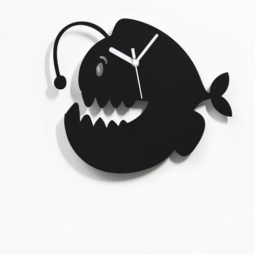 SOL PIXIE DUST - Silhouette de poisson pêcheur - Horloge murale de dessin animé - Idées cadeaux - Art mural des profondeurs marines - Cadeau pour plongeur - Décoration de chambre d'enfant