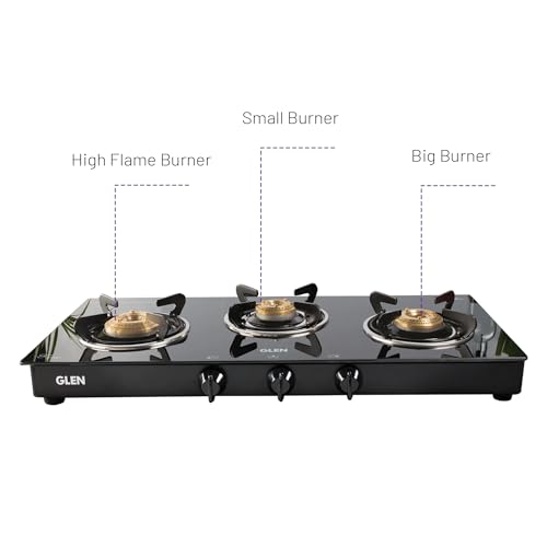 Image of Glen Gas Stove Glass Top LPG Gas Stoves 3 Burner | High Flame Forged Brass Burners | Auto Ignition | Black Toughened Glass | 2-Year Warranty (1038GTBBBLAI)