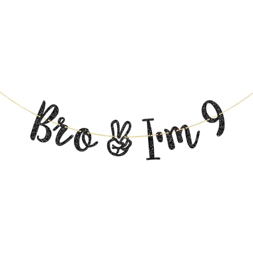 Halodete Bro I'm 9 Banner - Boy Nine Years Old Banner, 9th Birthday Gifts, Happy 9th Birthday Party Bunting Decorations - Black Glitter