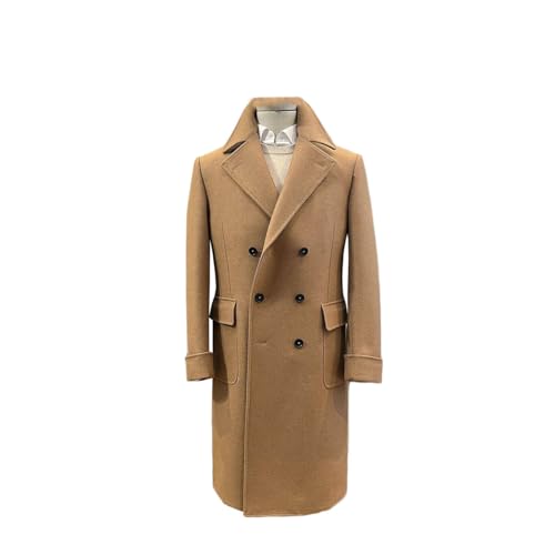 Men's Wool Blend Trench Coat Knee Length Double Breasted 2 Flap Pocket 3 Buttons Khaki