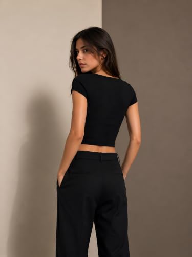 Image of Women Square Neck Crop Top | Korean Style Short Sleeve Fitted Top for Woman | Stretchable Casual Crop Top