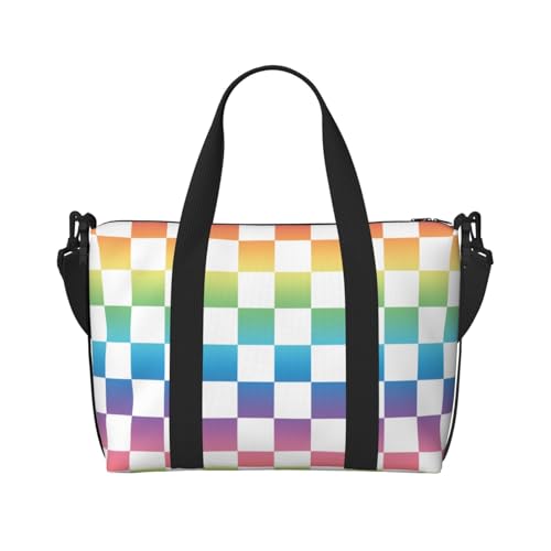 Travel Duffle Bags For Women Men - Pastel Rainbow Checker Print Personal Item Weekender Overnight Gym Carry On Airport Tote Bag With Strap For Yoga, Travel, Business Trips