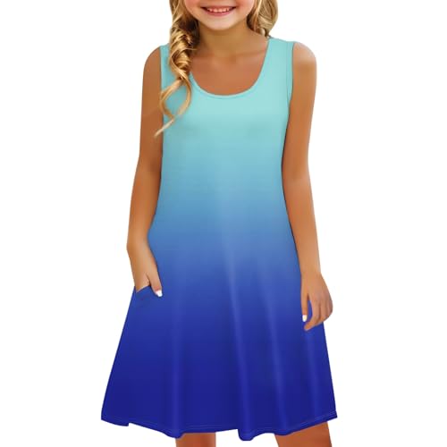Girls Summer Tank Dresses Sleeveless Tween Girls A Line Casual Party Swing Gradient Print Mini Sundress with Pocket
