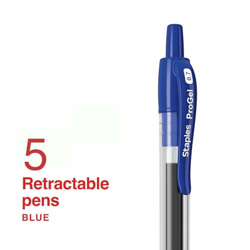 Image of STAPLES Retractable Gel Pens, Fine Point 0.7mm, Blue Ink, 5 Pack - ProGel Quick‑Dry Pens for Notes & Everyday Writing