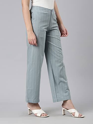 Image of GO COLORS Women Blue Stripe Cotton Wide Pants