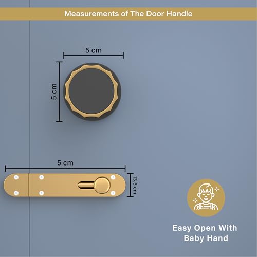 Image of Gloxy Brass Baby Latch Lock for Mortise Keyless Knob Handle Set Mortise Keyless Pull Handle Set with Baby Lock for Kitchen, Room | Gold & Black Finish (2 Years Warranty, Pack of 1)