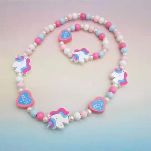 YKKJ en Bois Coloré Enfants Ensemble de Bijoux,Princesse Collier Bracelets Set Licorne Perles Collier et Bracelet Cadeau pour Les Filles Fête d'anniversaire Habillage Accessoire Cover
