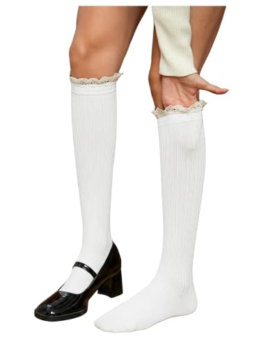 Image of COZYEASE Women's 1 Pair Lace Patchwork Knee High Socks Cute Y2k Stockings | Boots Socks, Knee High Socks, Long Socks for Boots, Lace Socks, Y2k, Trendy