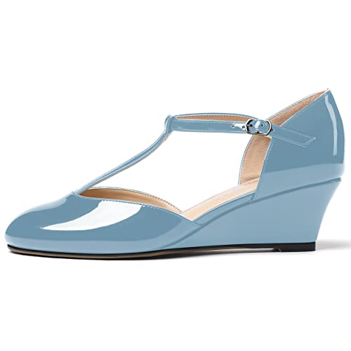 MODENCOCO Women's Dating T Strap Buckle Round Toe Fashion Patent Wedge Low Heel Pumps Shoes 2 Inch2
