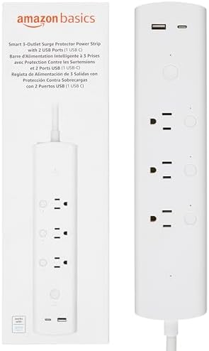 Amazon Basics Smart Plug Power Strip with 3 Individually Controlled Outlets and 2 USB Ports (1 USB-A and 1 USB-C), Works with Alexa Only, 2.4 GHz Wi-Fi, No Hub Required, White