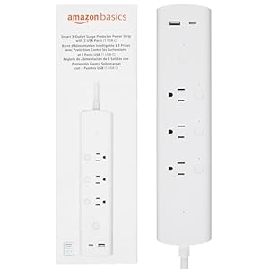 Amazon Basics Smart Plug Power Strip with 3 Individually Controlled Outlets and 2 USB Ports (1 USB-A and 1 USB-C), Works with Alexa Only, 2.4 GHz Wi-Fi, No Hub Required, White