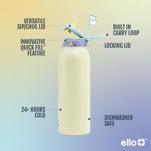 Image of Ello Pop & Fill 32oz Stainless Steel Soft Touch Water Bottle with Quick Fill Technology, Double Walled and Vacuum Insulated Metal, Leak Proof Locking Lid, Sip and Chug, Reusable, BPA Free, Magenta