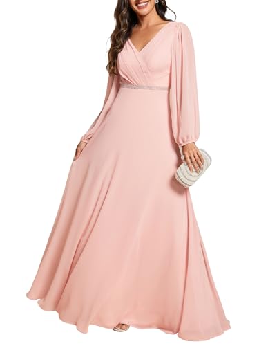 Ever-Pretty Abendkleider Elegant Für Hochzeit Lang Langarm Chiffonkleid Damen A Linie Maxi V-Ausschnitt Wedding Guest Dress Rosa 44