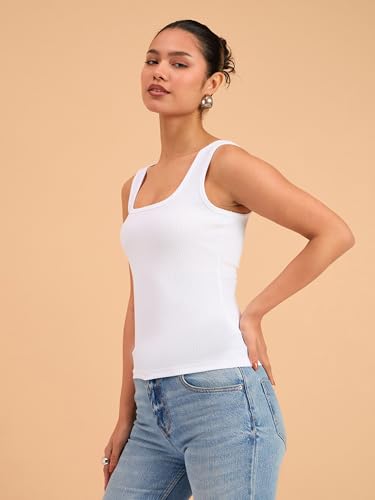 Image of barcino Beige Ribbed Square Neck Tank Top