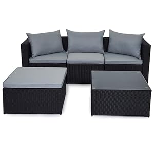 EVRE Malaga Black Rattan Garden Outdoor Furniture Wicker Set 4 Seat Corner Sofa Couch Footstool Glass Top Table with Cushions for Patios Conservatories Gardens