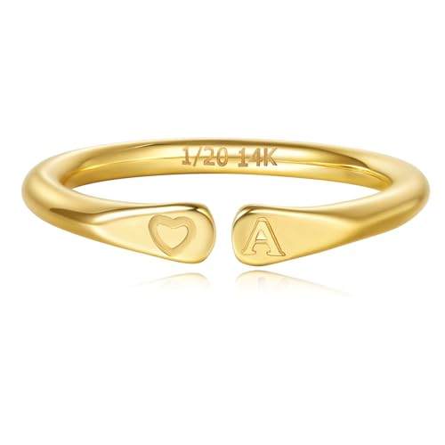 14k Gold Filled Hand Carving Initial Rings for Women Non Tarnish Wedding Heart Shaped Bands for Women