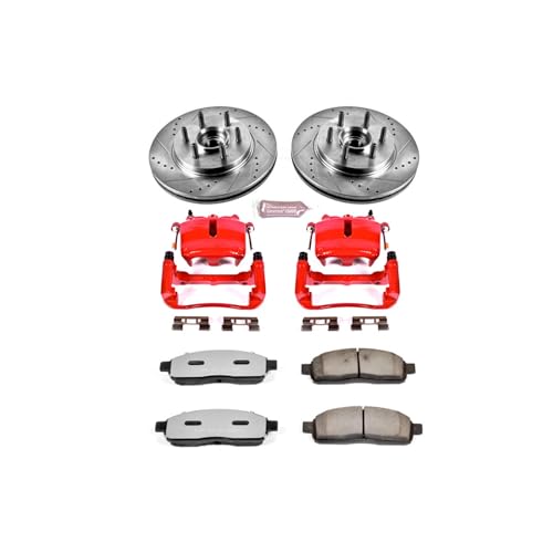 Image of PowerStop Front Brake & Caliper Kit for Ford F-150 2005-08 | Lincoln Mark LT 2006-08 - Drilled & Slotted Disc Rotors + Z36 Brake Pads + Red-Powder Coated Calipers, KC1939A-36