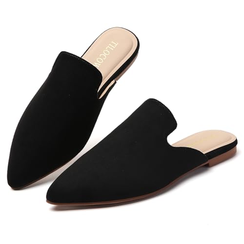 Image of Tilocow Women's Pointed Toe Flat Mules Backless Slip On Loafers