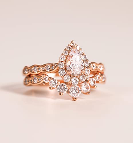 Tigrade 1Ct Bridal Ring Sets Teardrop Wedding Band Vintage Pear Cubic Zirconia Engagement Ring Halo Cz Promise Ring Gift For Women Size 3-12, Rose Gold,Size 7 #TOP2