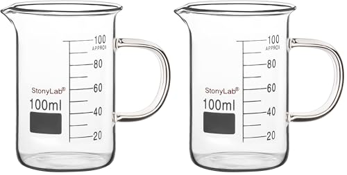Image of stonylab Glass Beaker with Handle, Borosilicate Glass Graduated Low Form Griffin Beaker with Handle and Pouring Spout, 100 ml (Pack of 2)