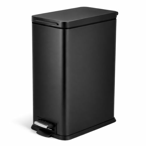 Image of Home Zone Living 4 Gallon Slim Kitchen Trash Can with Soft Close Lid and Step Pedal, Matte Black Stainless Steel Wastebasket with Removable Bucket