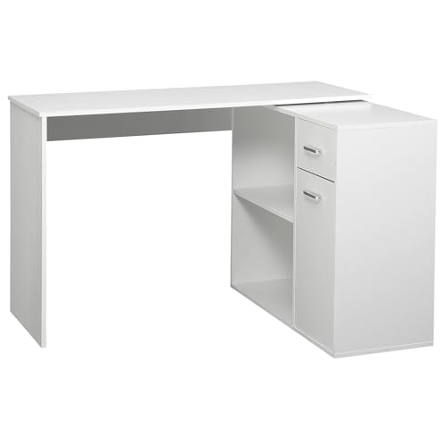 HOMCOM Bureau d'angle Rotatif 180° avec bibliothèque, Bureau d'ordinateur, tiroir, Placard à Porte, Poste de Travail pour Maison, Chambre, 117 x 82 x 74 cm, Blanc