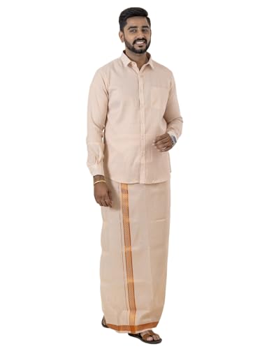 Image of RAMRAJ COTTON Men Gold Tissue Jacquard Full Sleeves Shirt with Matching Dhoti Set