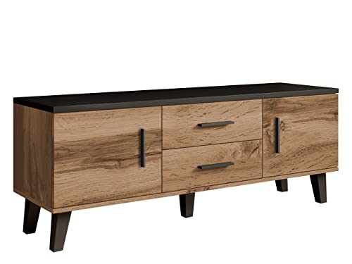 Mirjan24 Mueble para TV Lotta II 140 2D2S estilo escandinavo, mueble bajo para TV, mueble de TV (roble y negro)