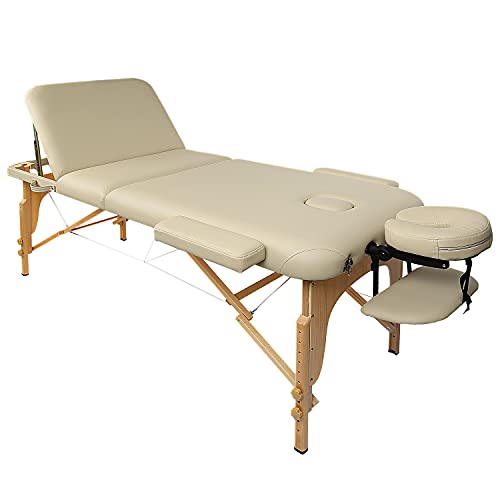 DOC RISTO Ärztekrepp, Liegenabdeckung - 2-lagig, weiß - verschiedene Größen (39x50, 50x50, 55x50, 59x50) (1 Rolle 59cm x 50m) 3 Massageliegen Bett Massagetisch kosmetikliegen Kosmetik Liegen dreifach tragbare mit Hölzernen Füßen Deluxe Professionelle leichte Kostenlose Tragetasche