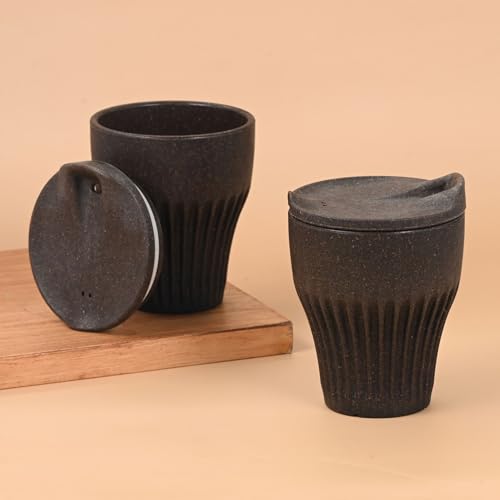 Image of Eha Earth Friendly Rafter Coffee Mug with Lid | Tea Cup Set | 300 ml | Made with Rice Husk | Microwave Safe Mugs for Gifting | 2 Unit | Coffee