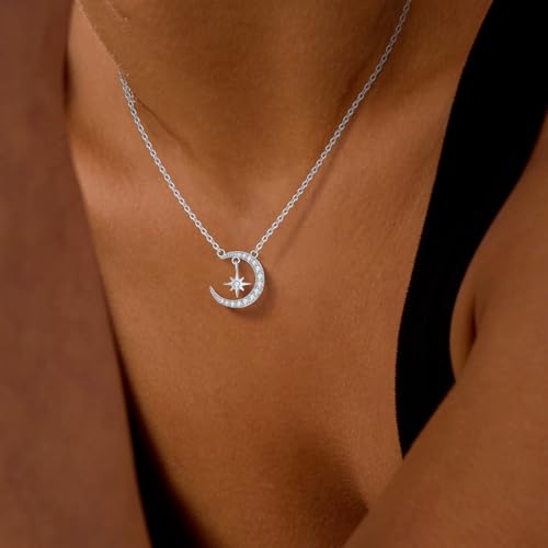 CeaKIev S925 Sterling Silver Moon and Star Necklace for Women, Dainty CZ Crescent Pendant, Jewelry Gift for Birthday, Anniversary, Valentine’s Day, Mother’s Day3