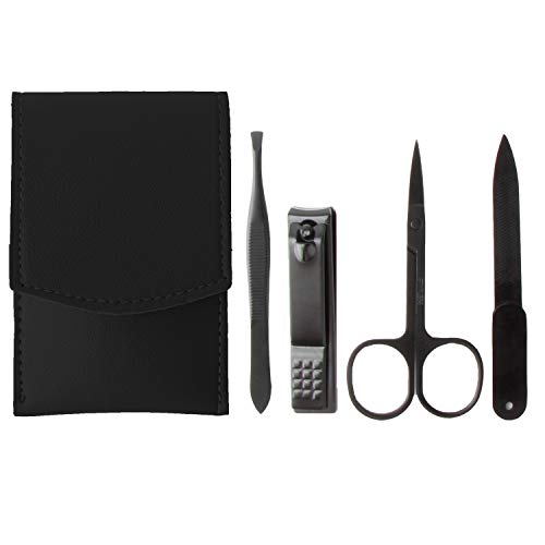 Lot de 4 coupe-ongles en acier inoxydable pour homme et femme avec étui en cuir portable Noir Cover