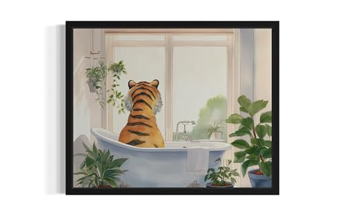 Image of Tiger Black Framed Wall Art Poster Print, Animal Bathtub Restroom Wall Art Painting for Bathroom Decor Gallery Gallery 30 (Tiger 1, 10 inch L x 8 inch W, Black Frame)