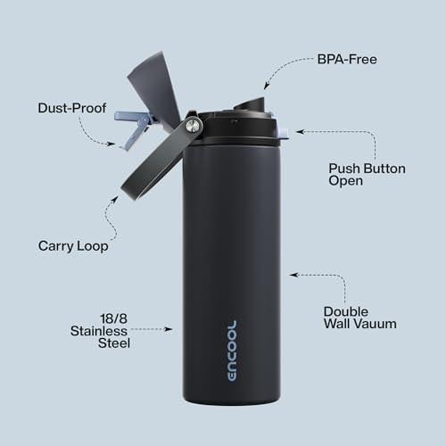 Image of Insulated Water Bottle with Straw - Encool Stainless Steel Water Bottle with Push Button Lid, Leak-Proof & BPA-Free, Keeps Cold for 24 Hours for Sports, Travel, Gym (24 oz, Tuna Grey-Silver)