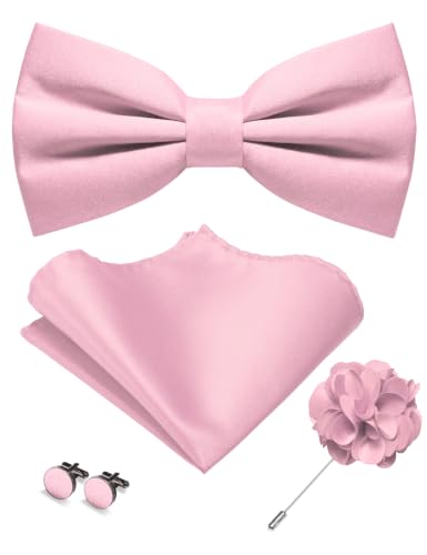 JEMYGINS Pre-tied Blush Pink Bow Tie and Pocket Square Cufflinks Lapel Pin Sets for Men Wedding Party(30)