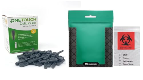 OneTouch Delica Plus Lancets, 30 Gauge – 100 count and 5 Large Plastic Zip Biohazard Bags.