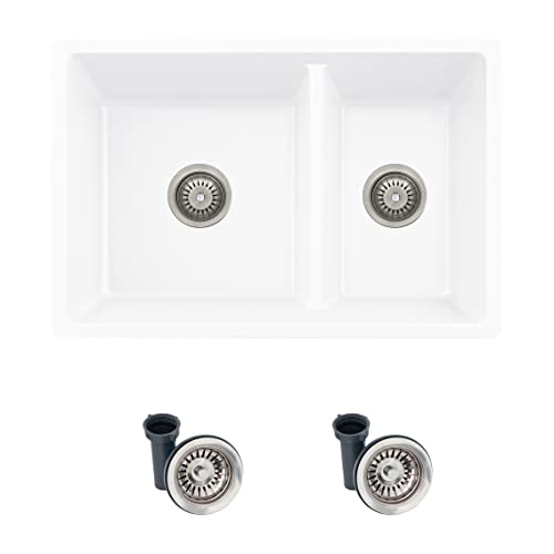 Stylish 27.25 x 18.75 Inch Drop In or Undermount Kitchen Sink Double Bowl Workstation 9.5 Inches Deep Granite Composite Kitchen Sinks with Regular Strainers White, S-827H