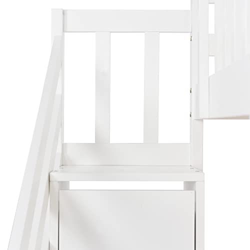 I0I&I0I Bunk Bed with Stairs and Slide, Solid Pine Wood Frame, Children Bed with 2 Drawers in the Steps,90x190cm (White)
