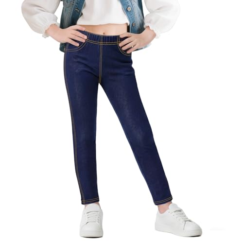 Baogaier Leggings Mädchen Jeans-Optik Kinder Basic-Stil Elastisch Jeggings Atmungsaktiv Weich Lang Hosen mit Taschen Blickdichte Alltag Hose Alltagskleidung, Gr.134-140, Marineblau