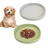 2 Pack 7 Inch Shallow Pet Bowls - Silicone Cat & Dog Food Dishes for Whisker Fatigue Relief - Non-Slip Flat Feeding Bowls for Dry/Wet Food & Water (Green & Gray)