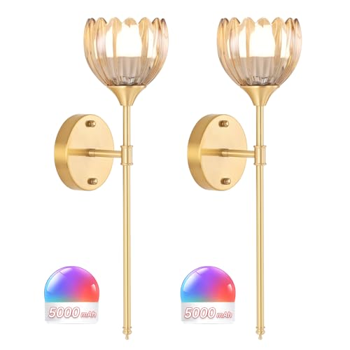 Image of Shenmoyl Battery Operated Wall Sconce Set of 2, Amber Tulip Vintage Wall Light Fixture Rechargeable 5000mAh Battery Powered Wall Lamp with Remote for Living Room Bathroom