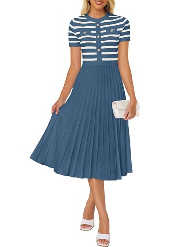 ZESICA Women's 2026 Casual Striped Midi Dress Crewneck Short Sleeve Button Ribbed Knit Swing Pleated A Line Dresses