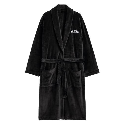 THE CONCEPT FACTORY - TX0334, Bata de Forro Polar Hombre Confort Óptimo, Elegancia y Versatilidad, Diseñada para Relajación y SPA, Talla Ajustable, Negro, Talla 130-140 cm, Color Negro