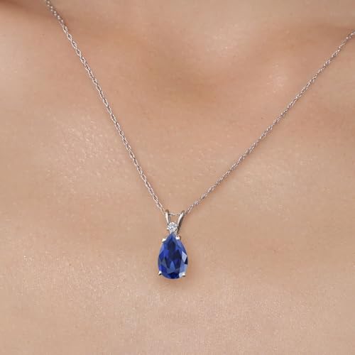 Gem Stone King 14K White Gold Blue Created Sapphire and Lab Grown Diamond Pendant Necklace for Women | 3.61 Cttw | Gemstone September Birthstone | Pear Shape 12X8MM | With 18 Inch Chain3
