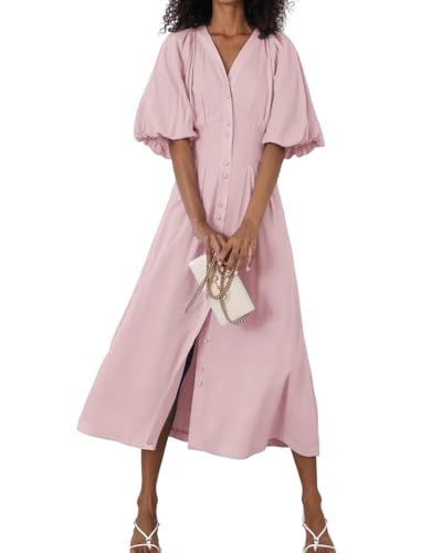 chouyatou Women Summer Puff Sleeve Button Down Shirt Dress Flowy Elegant Business Casual Midi Long Dress (Medium, Pink)