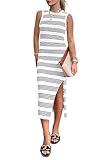 PRETTYGARDEN Women's Summer Bodycon Sundresses Casual Midi Sleeveless Hollow Out Knit Side Slit Striped Long Tank Dress (White,Large)