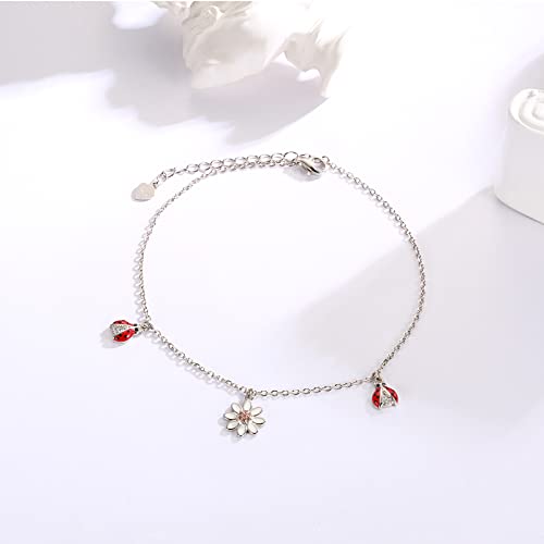 Ogoodsunj 925 Sterling Silver Ladybug Daisy Leaves Necklace Earrings Rings Pendant Anklet Jewelry Set #TOP3