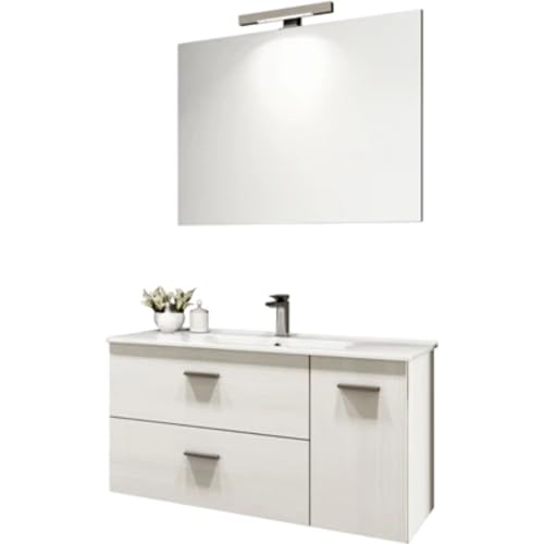 Meuble salle de bain suspendu Betty avec lavabo et miroir 90 cm mélèze blanc