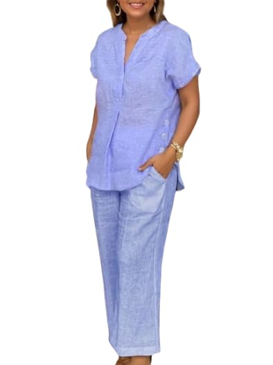 Women Casual Linen Set Loose Summer 2 Piece Outfits Solid Color Short Sleeve Tops Drawstring Wide Leg Pants Suits