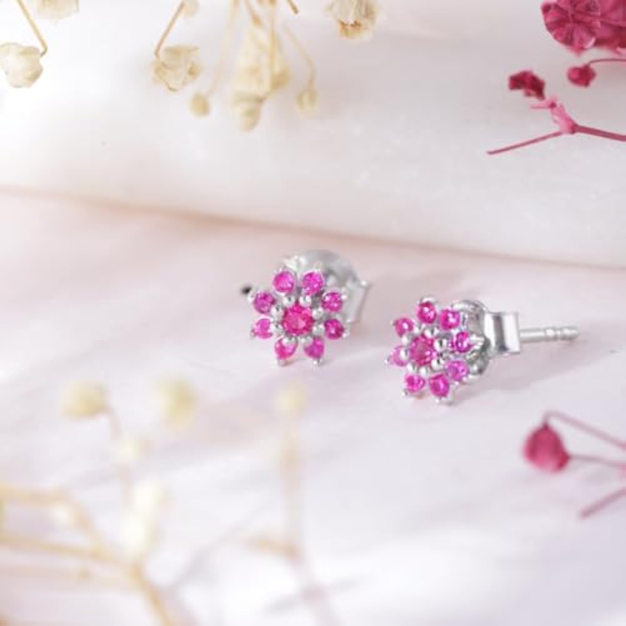 925 Silver Pink CZ Floral Stud Earrings with Hallmark
